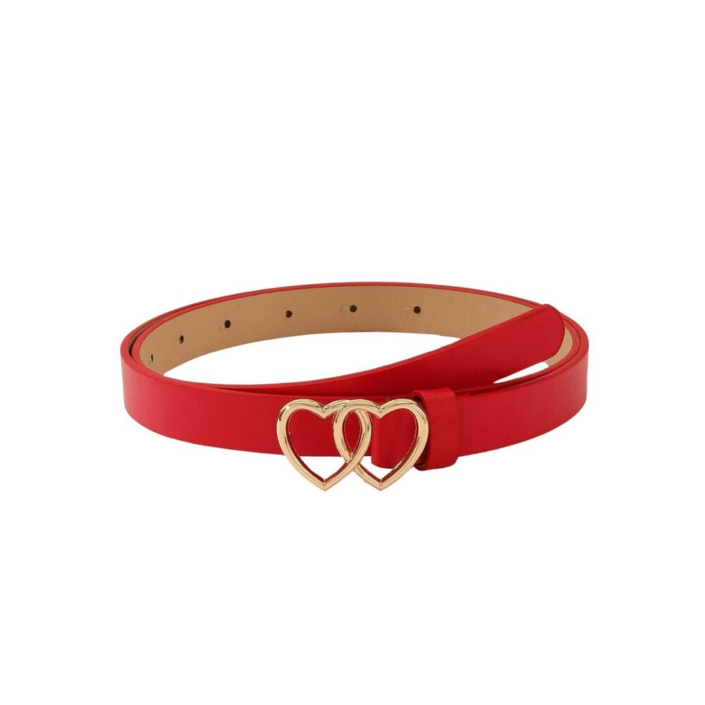 8482 Women's Double Heart Buckle Adjustable Thin Leather Belt Skinny Waist